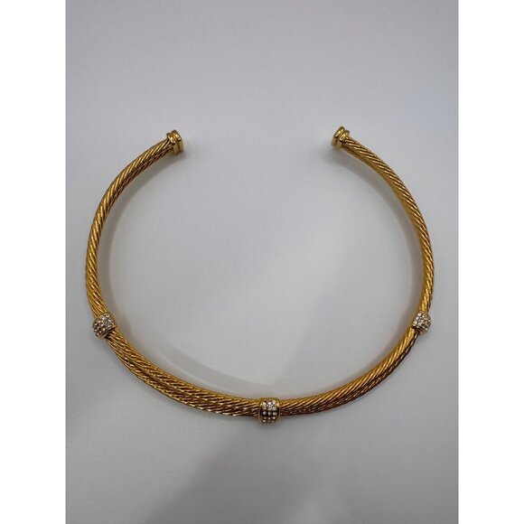 Gold Tone Cable Collar Necklace Rhinestone Accents Designer Style Statement - Picture 2 of 11